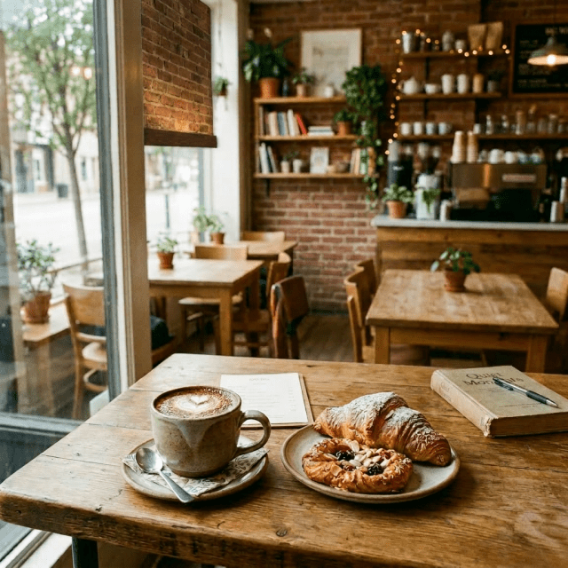 Cup of coffee with latte art, croissant, and pastry on a wooden table with a small potted plant