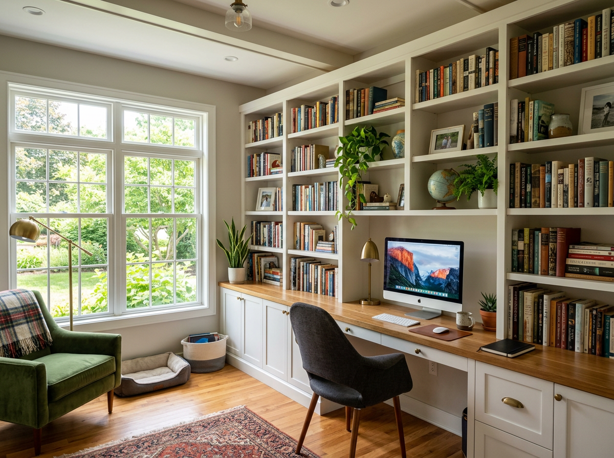 Home office with large window, built-in bookshelves filled with books, desktop computer, and armchair.