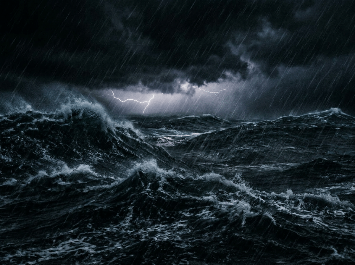 Fishing boat with lights on in stormy ocean with large waves and lightning