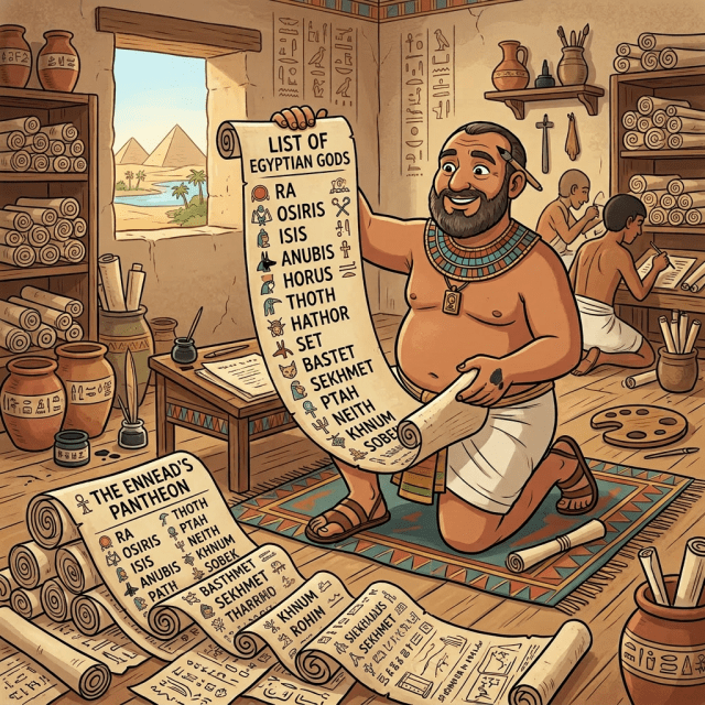 Ancient Egyptian scribe kneeling with large to-do list in temple office