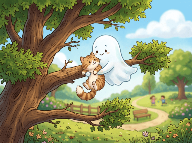 Ghost holding a cat stuck on a tree branch in a park