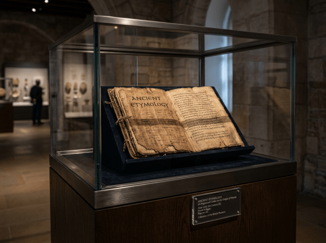 Open ancient manuscript titled Ancient Etymology in museum display case