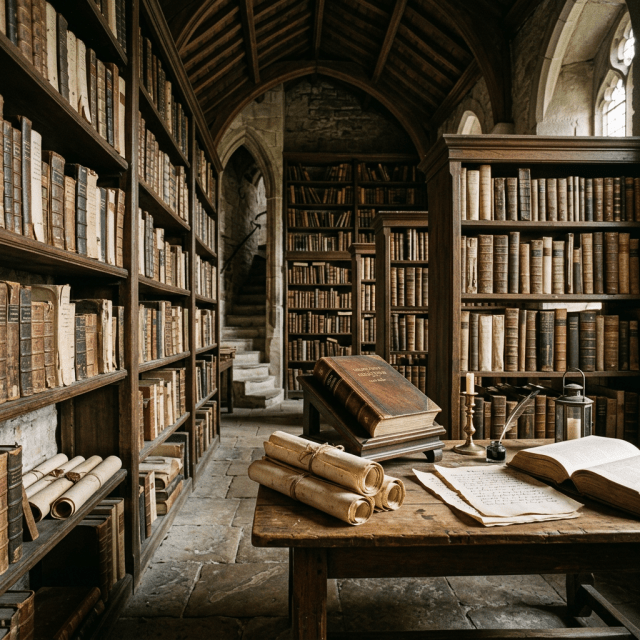 Old library interior with wooden shelves filled with ancient books, scrolls on a desk, an open book, and a quill pen with ink