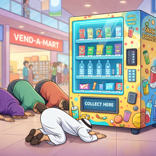 A man in white traditional clothing bending forward to look closely at a vending machine filled with drinks and snacks