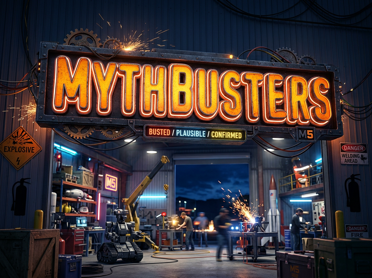 MythBusters workshop sign lit with sparks and people working inside