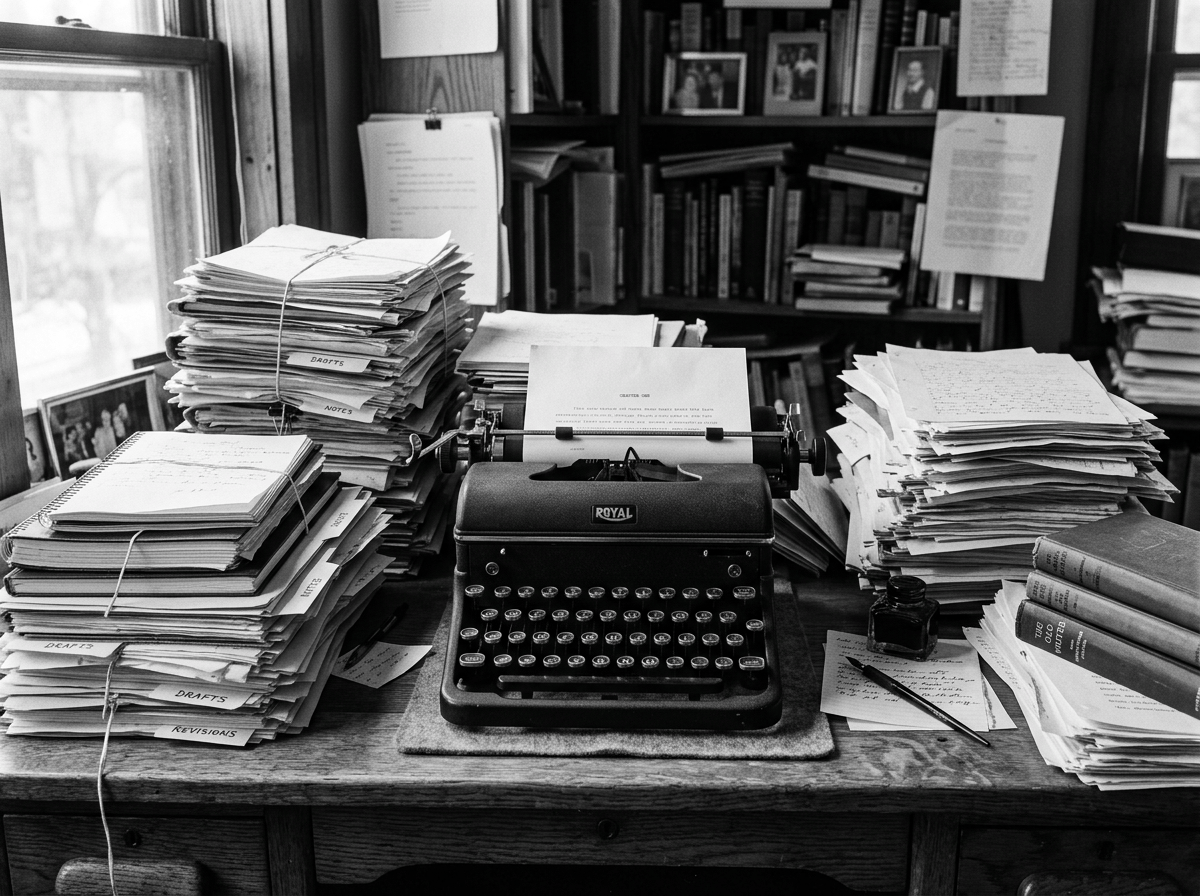 Royal typewriter surrounded by stacks labeled DRAFTS, NOTES, and REVISIONS