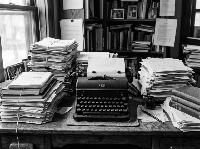 Royal typewriter surrounded by stacks labeled DRAFTS, NOTES, and REVISIONS