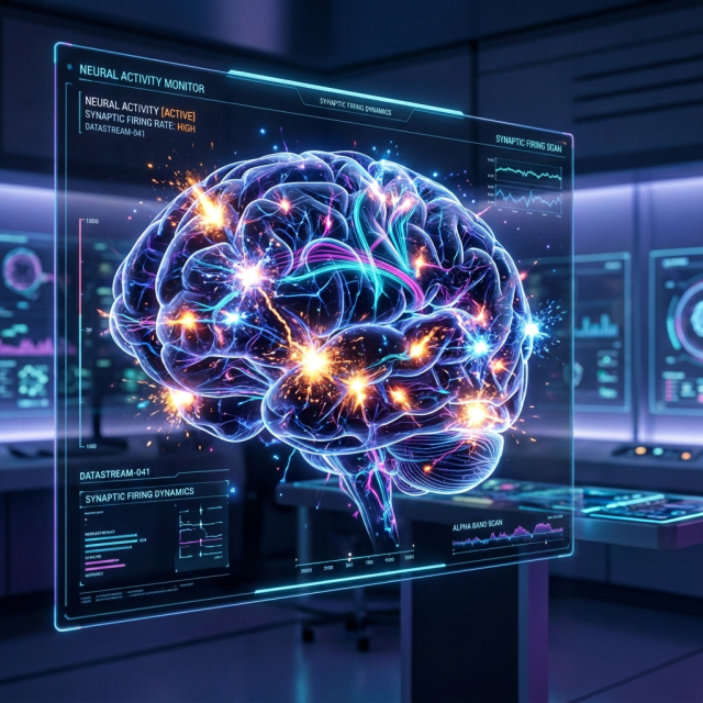 Holographic neural activity monitor showing an active glowing brain and synaptic firing data