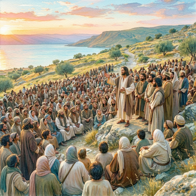 Jesus teaching a large crowd on a rocky hillside beside a lake
