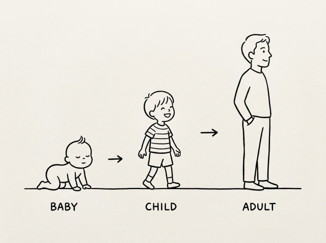 Illustration labeled BABY, CHILD, and ADULT showing progression from crawling to walking