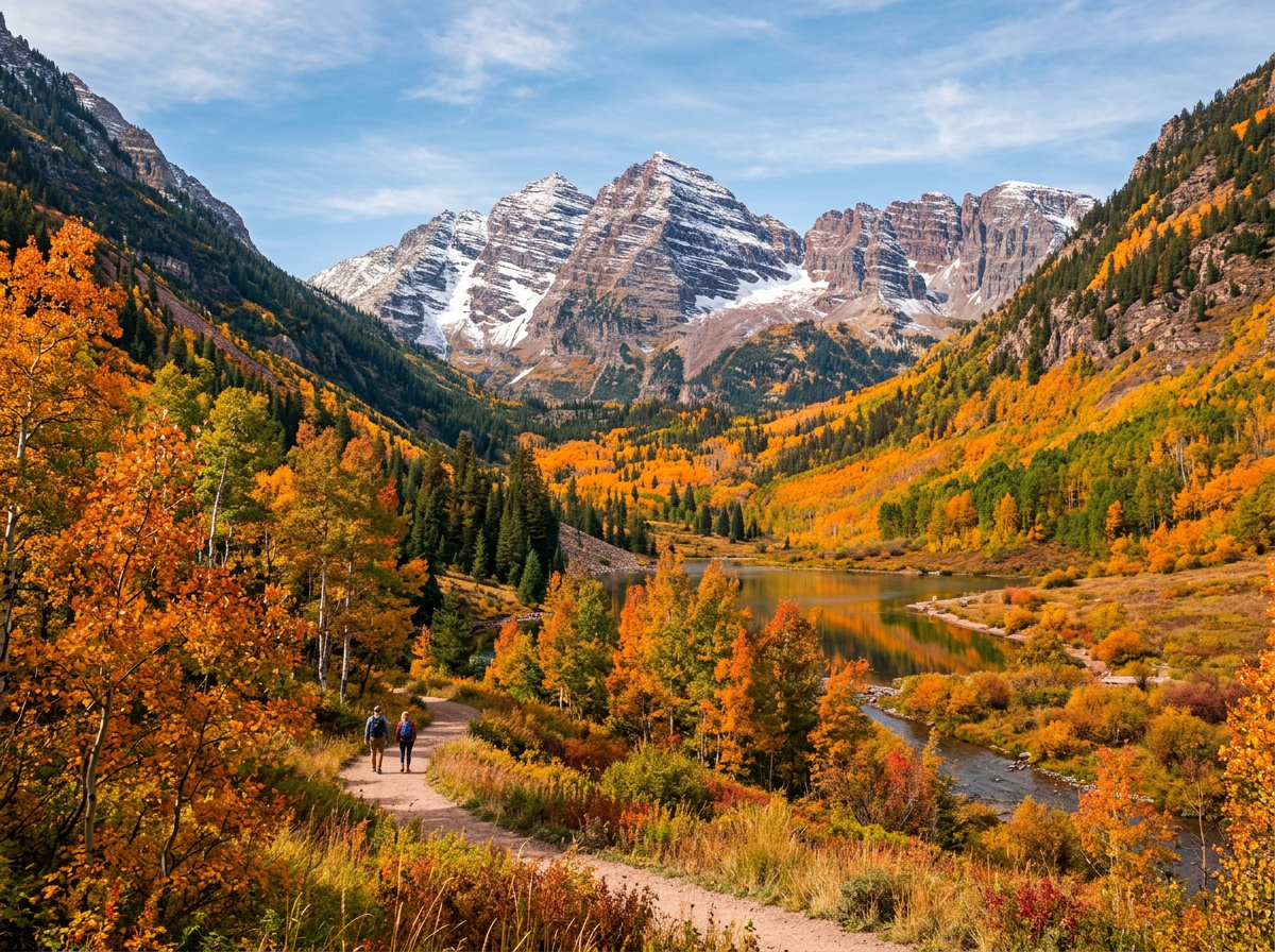 Two hikers on a trail beside an autumn lake beneath snow-capped mountains
