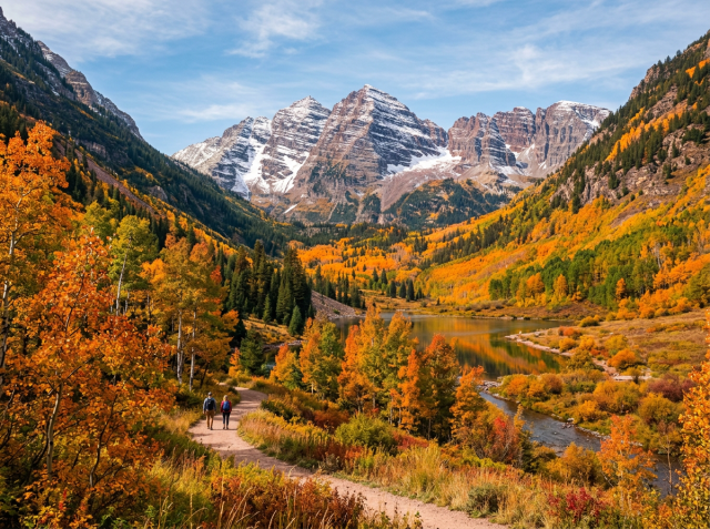 Two hikers on a trail beside an autumn lake beneath snow-capped mountains